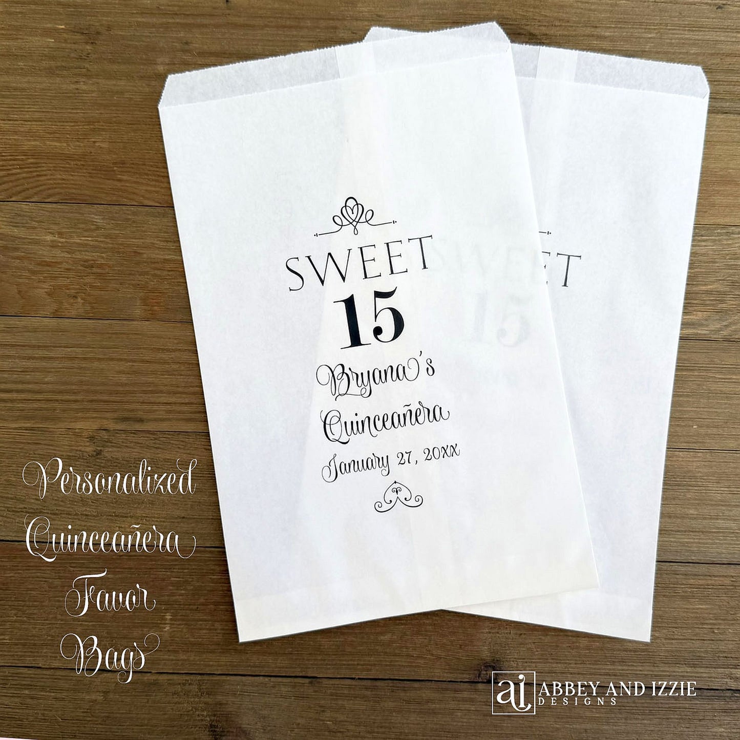 Sweet 15 Quinceanera Favor Bags, personalized for the guest of honor.  Printed on white bags, they are larger than most, perfect for a cookie buffet or candy buffet.