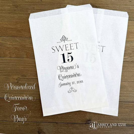 Sweet 15 Quinceanera Favor Bags, personalized for the guest of honor.  Printed on white bags, they are larger than most, perfect for a cookie buffet or candy buffet.