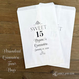 Sweet 15 Quinceanera Favor Bags, personalized for the guest of honor.  Printed on white bags, they are larger than most, perfect for a cookie buffet or candy buffet.