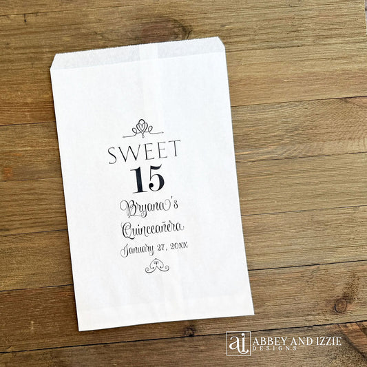 Sweet 15 Quinceanera Favor Bags, personalized for the guest of honor.  Printed on white bags, they are larger than most, perfect for a cookie buffet or candy buffet.
