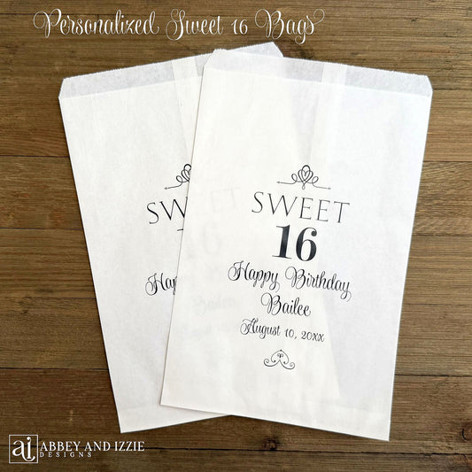Elegant Sweet 16 Candy Bags personalized for the guest of honor.    Bags are larger and can accomodate cookies, candy or treats.