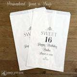 Elegant Sweet 16 Candy Bags personalized for the guest of honor.    Bags are larger and can accomodate cookies, candy or treats.