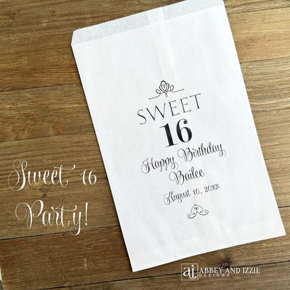 Elegant Sweet 16 Candy Bags personalized for the guest of honor.    Bags are larger and can accomodate cookies, candy or treats.