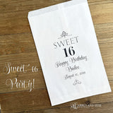 Elegant Sweet 16 Candy Bags personalized for the guest of honor.    Bags are larger and can accomodate cookies, candy or treats.