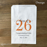 Graduation favor bags for the Class of 2026, perfect size for candy, popcorn, cookies or eating utensils.  White bags personalized for the graduate with class of 26, school name and date.