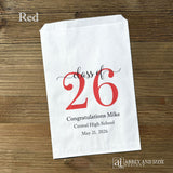 Graduation favor bags for the Class of 2026, perfect size for candy, popcorn, cookies or eating utensils.  White bags personalized for the graduate with class of 26, school name and date.