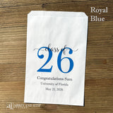 Graduation favor bags for the Class of 2026, perfect size for candy, popcorn, cookies or eating utensils.  White bags personalized for the graduate with class of 26, school name and date.