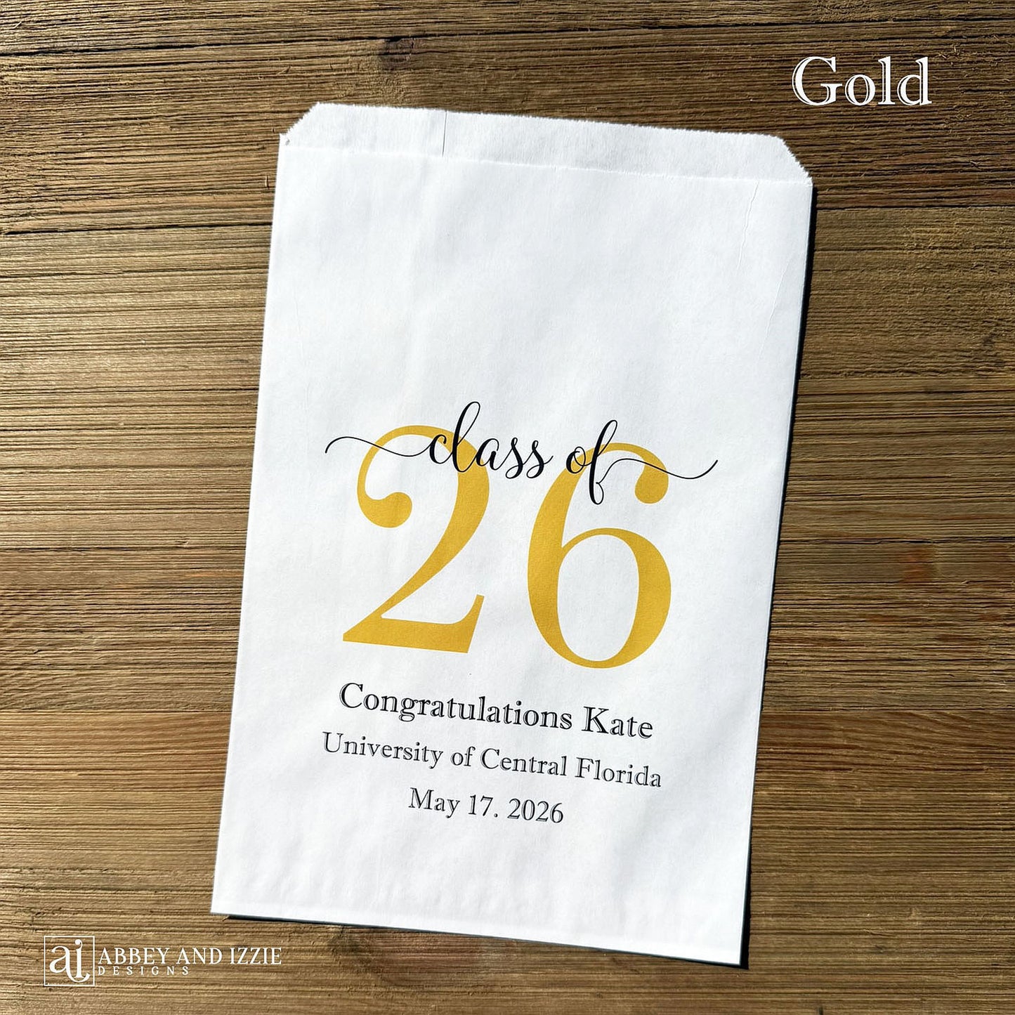 Graduation favor bags for the Class of 2026, perfect size for candy, popcorn, cookies or eating utensils.  White bags personalized for the graduate with class of 26, school name and date.