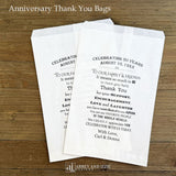 Anniversary Favor Bags Personalized for the honorees.  Printed with a sweet thank you to your guests on white bags.