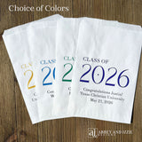 Celebrate the Class of 2026 with Personalized Favor Bags, printed on white bags with the class year in large colored print.  Honors the graudate with name and graduation date.  Your choice of class color to match your theme.  