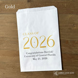 Celebrate the Class of 2026 with Personalized Favor Bags, printed on white bags with the class year in large colored print.  Honors the graudate with name and graduation date.  Your choice of class color to match your theme.  