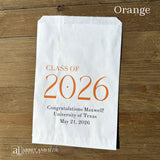 Celebrate the Class of 2026 with Personalized Favor Bags, printed on white bags with the class year in large colored print.  Honors the graudate with name and graduation date.  Your choice of class color to match your theme.  
