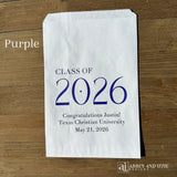 Celebrate the Class of 2026 with Personalized Favor Bags, printed on white bags with the class year in large colored print.  Honors the graudate with name and graduation date.  Your choice of class color to match your theme.  