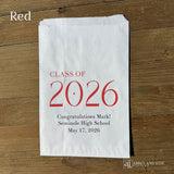Celebrate the Class of 2026 with Personalized Favor Bags, printed on white bags with the class year in large colored print.  Honors the graudate with name and graduation date.  Your choice of class color to match your theme.  