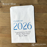 Celebrate the Class of 2026 with Personalized Favor Bags, printed on white bags with the class year in large colored print.  Honors the graudate with name and graduation date.  Your choice of class color to match your theme.  
