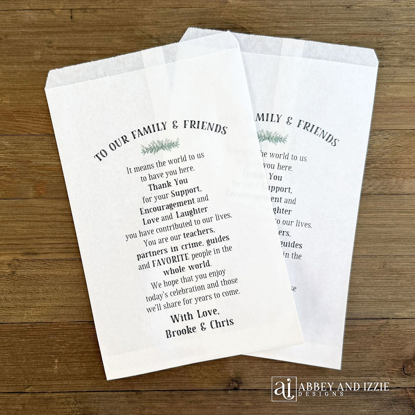 Personalized wedding guest favor bags, perfect for candy buffet bags, cookie bags or popcorn bags.    Printed on white bags with a beautiful thank you to your guests. 