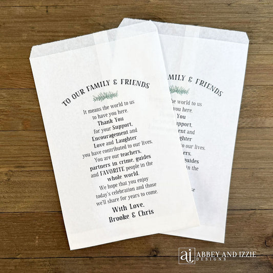 Personalized wedding guest favor bags, perfect for candy buffet bags, cookie bags or popcorn bags.    Printed on white bags with a beautiful thank you to your guests. 