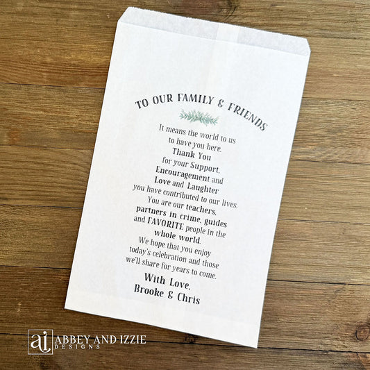 Personalized wedding guest favor bags, perfect for candy buffet bags, cookie bags or popcorn bags.    Printed on white bags with a beautiful thank you to your guests. 