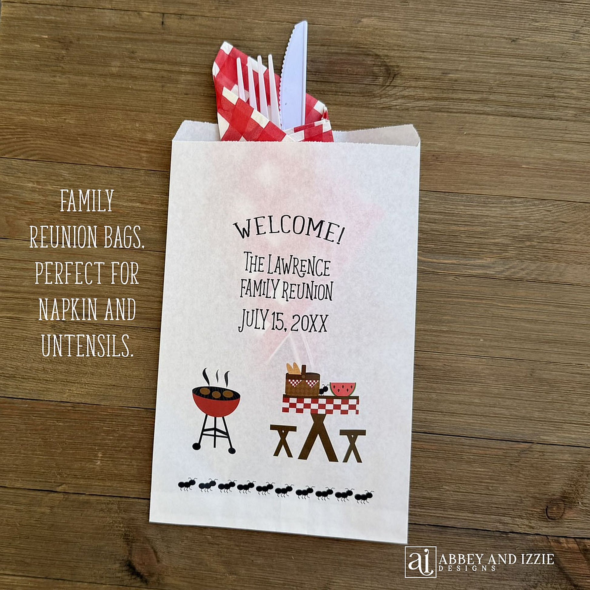 Silverware Bags Family Reunion, personalized with a barbecue theme.  Personalized utensil bags for family reunion or family barbecue.  