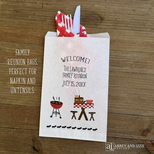 Silverware Bags Family Reunion, personalized with a barbecue theme.  Personalized utensil bags for family reunion or family barbecue.  