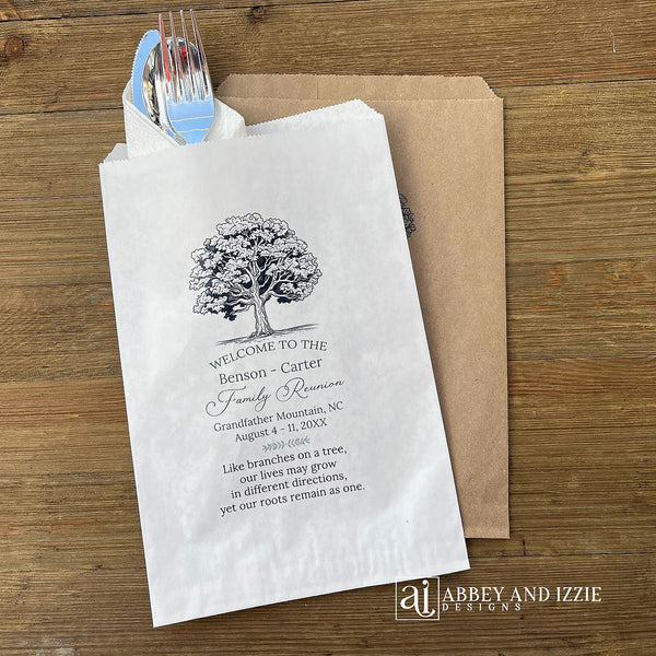 Family reunion bags personalized with family name, reunion place, date and sweet poem.  Silverware bags or utensil bags for your family reunion