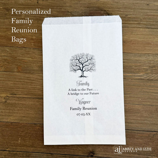 Family Reunion Bags Utensil Bags, personalized for the event with family name, date and sweet poem.  Large bags for utensil bags, candy, cookies.  