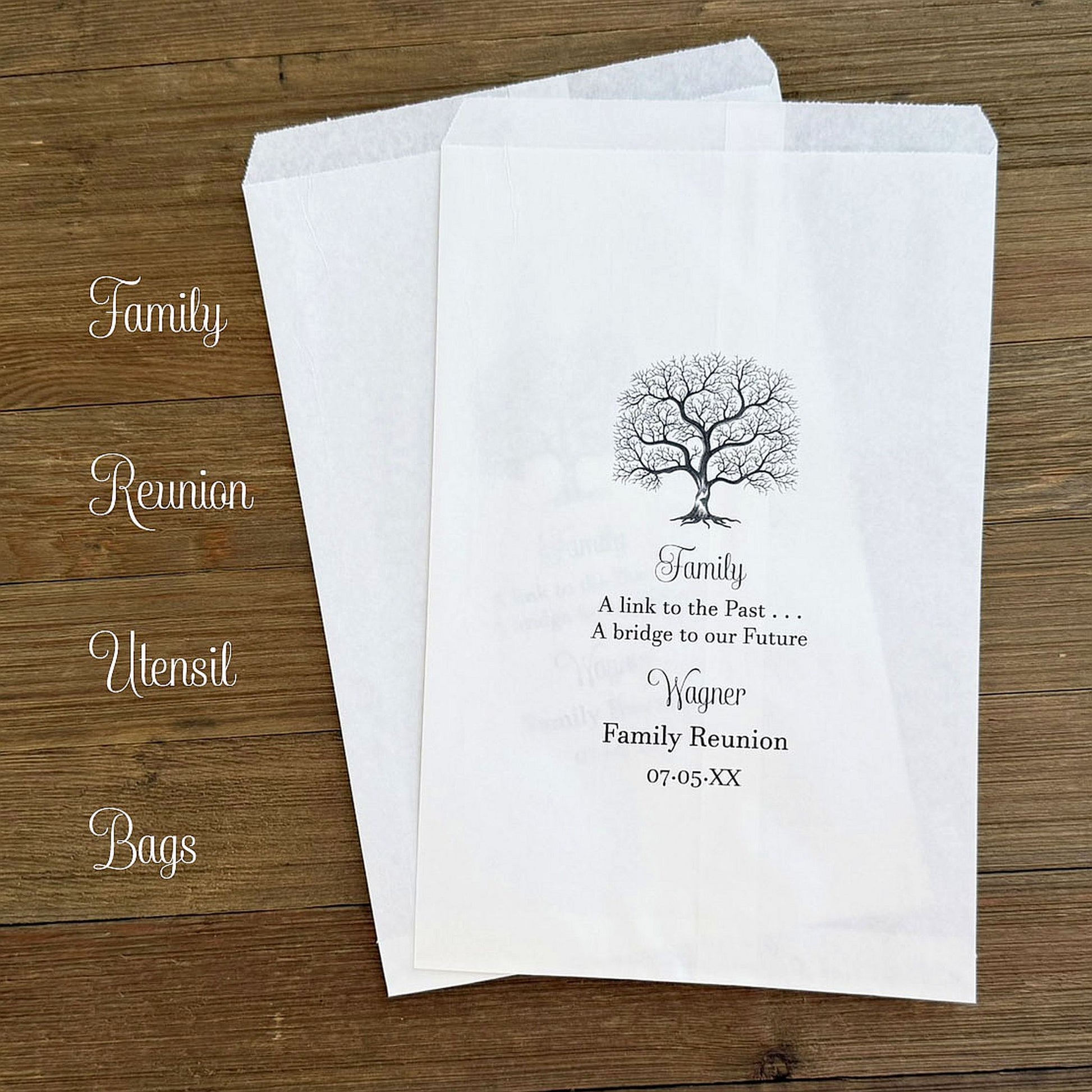 Family Reunion Bags Utensil Bags, personalized for the event with family name, date and sweet poem.  Large bags for utensil bags, candy, cookies.  