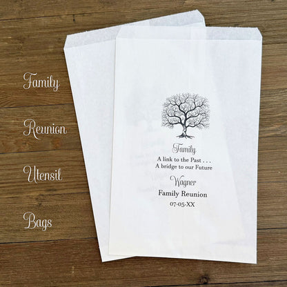 Family Reunion Bags Utensil Bags, personalized for the event with family name, date and sweet poem.  Large bags for utensil bags, candy, cookies.  