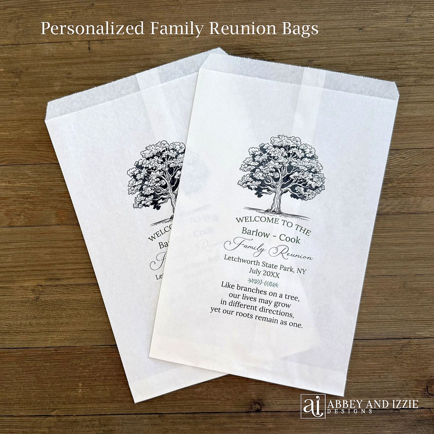  Personalized Family Reunion Treat Bags with family name, reunion place, date and sweet poem.  Silverware bags or utensil bags for your family reunion