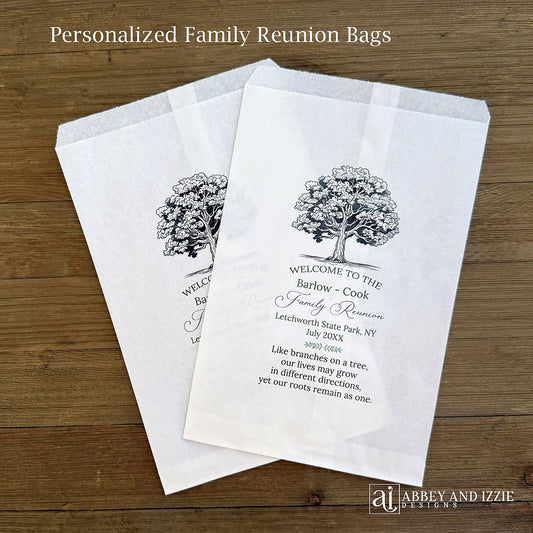  Personalized Family Reunion Treat Bags with family name, reunion place, date and sweet poem.  Silverware bags or utensil bags for your family reunion
