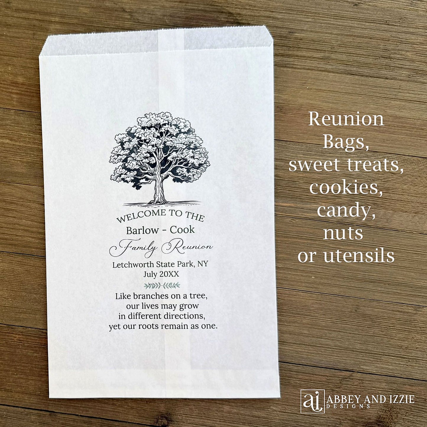  Personalized Family Reunion Treat Bags with family name, reunion place, date and sweet poem.  Silverware bags or utensil bags for your family reunion