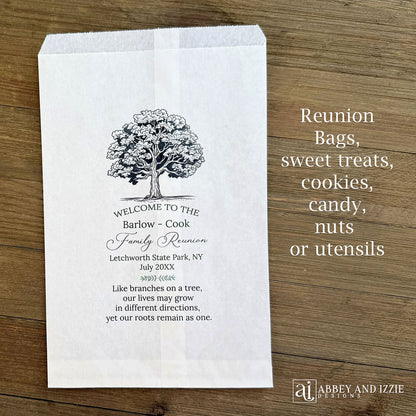  Personalized Family Reunion Treat Bags with family name, reunion place, date and sweet poem.  Silverware bags or utensil bags for your family reunion