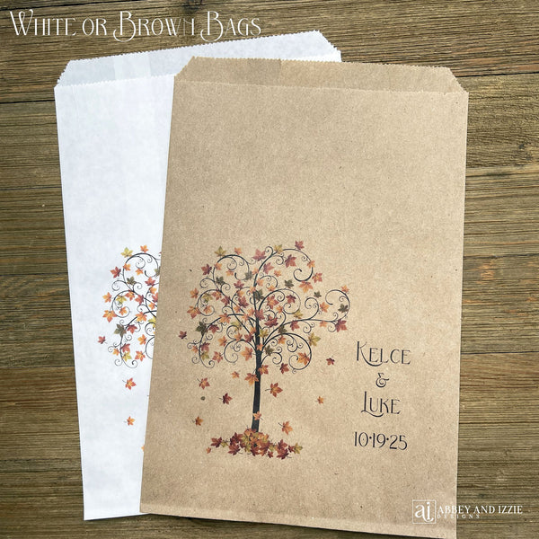 Fall favor bags adorned with a beautiful fall tree and personalized for the special couple.  Bags are larger than most, your choice of brown or white.