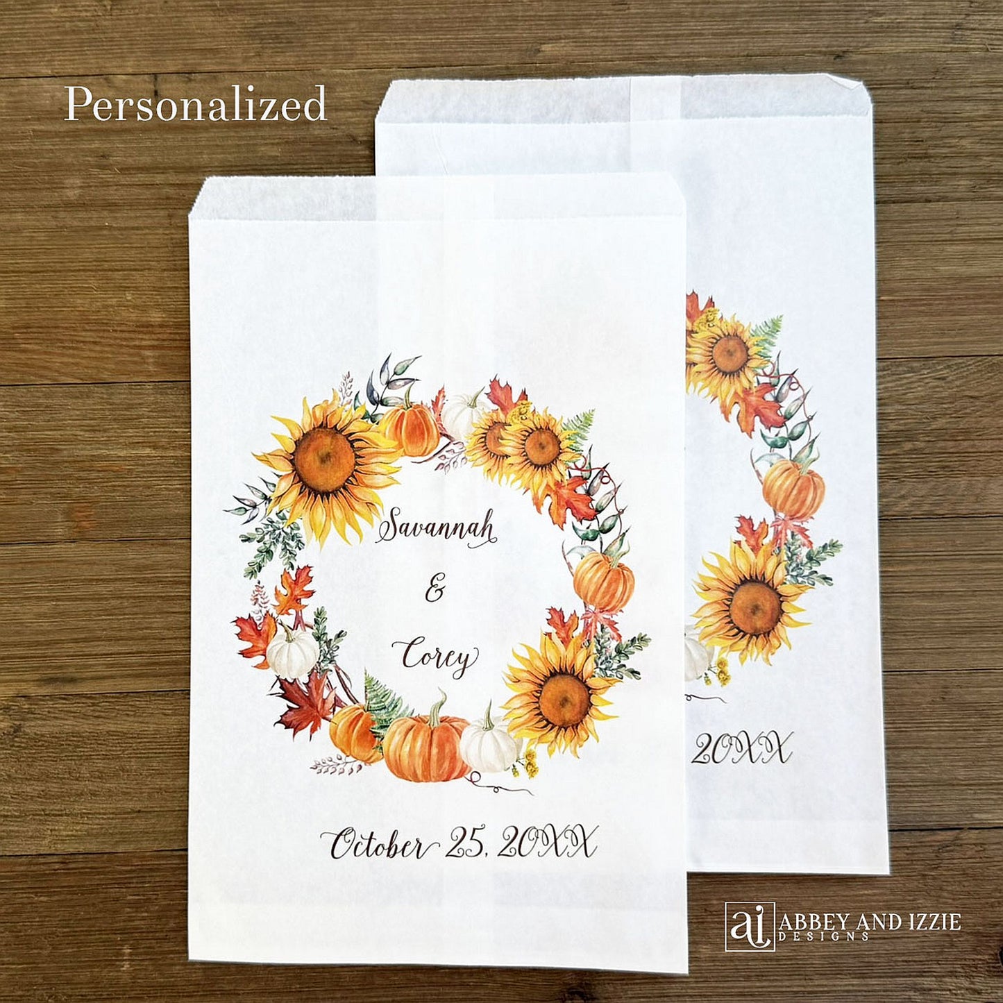 Personalized Autumn Wedding Favor Bags, adorned with a fall wreath.  Bags are larger than most and hold lots of goodies. 