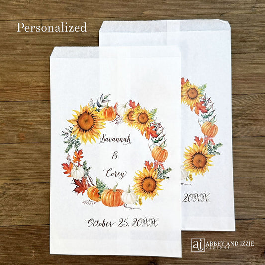 Personalized Autumn Wedding Favor Bags, adorned with a fall wreath.  Bags are larger than most and hold lots of goodies. 