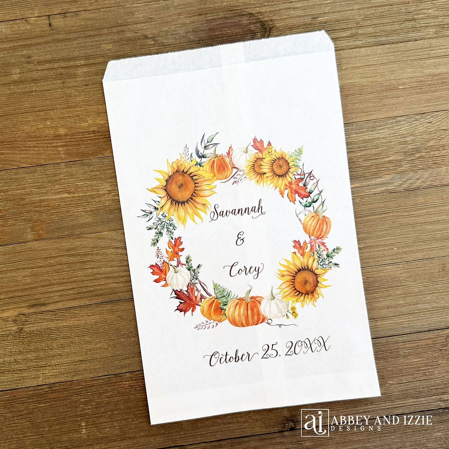 Personalized Autumn Wedding Favor Bags, adorned with a fall wreath.  Bags are larger than most and hold lots of goodies. 