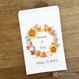 Personalized Autumn Wedding Favor Bags, adorned with a fall wreath.  Bags are larger than most and hold lots of goodies. 