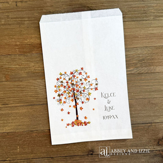 Fall Wedding Favor Bags adorned with a beautiful fall tree and personalized for the special couple.  Bags are larger than most, printed on white bags.