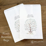 Personalized family reunion favor bags that can be used as utensil bags also.  White bags each is printed with a beautiful tree and personalized with the family name and reunion date.