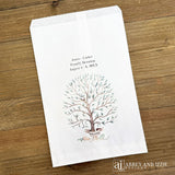 Personalized family reunion favor bags that can be used as utensil bags also.  White bags each is printed with a beautiful tree and personalized with the family name and reunion date.