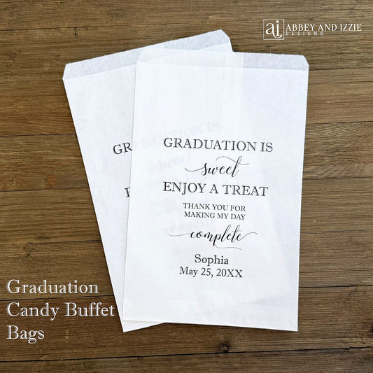 Graduation is sweet enjoy a treat favor bags, personalized for the guest of honor.  Personalized sweet graduation favor bags will add a elegant touch to your cookie bar, candy buffet.   Your choice of white or brown bags. 