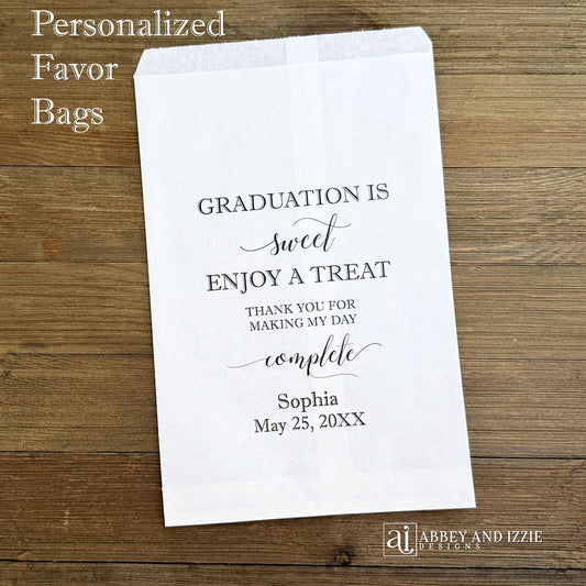 Graduation is sweet enjoy a treat favor bags, personalized for the guest of honor.  Personalized sweet graduation favor bags will add a elegant touch to your cookie bar, candy buffet.   Your choice of white or brown bags. 