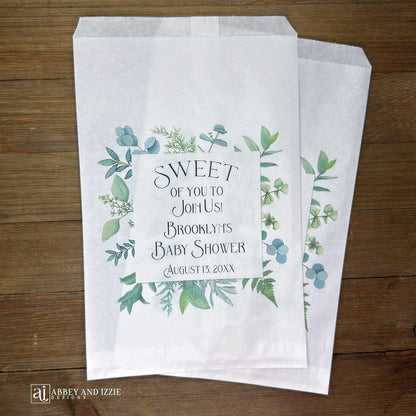 Greenery Baby Shower Favor Bags, personalized for the mother to be.  Printed  on white bags with 'sweet of you to join us' with a greenery frame, these will be perfect for cookie bags or candy buffet bags.