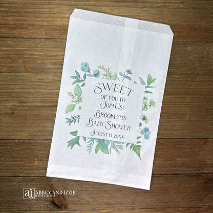 Greenery Baby Shower Favor Bags, personalized for the mother to be.  Printed  on white bags with 'sweet of you to join us' with a greenery frame, these will be perfect for cookie bags or candy buffet bags.