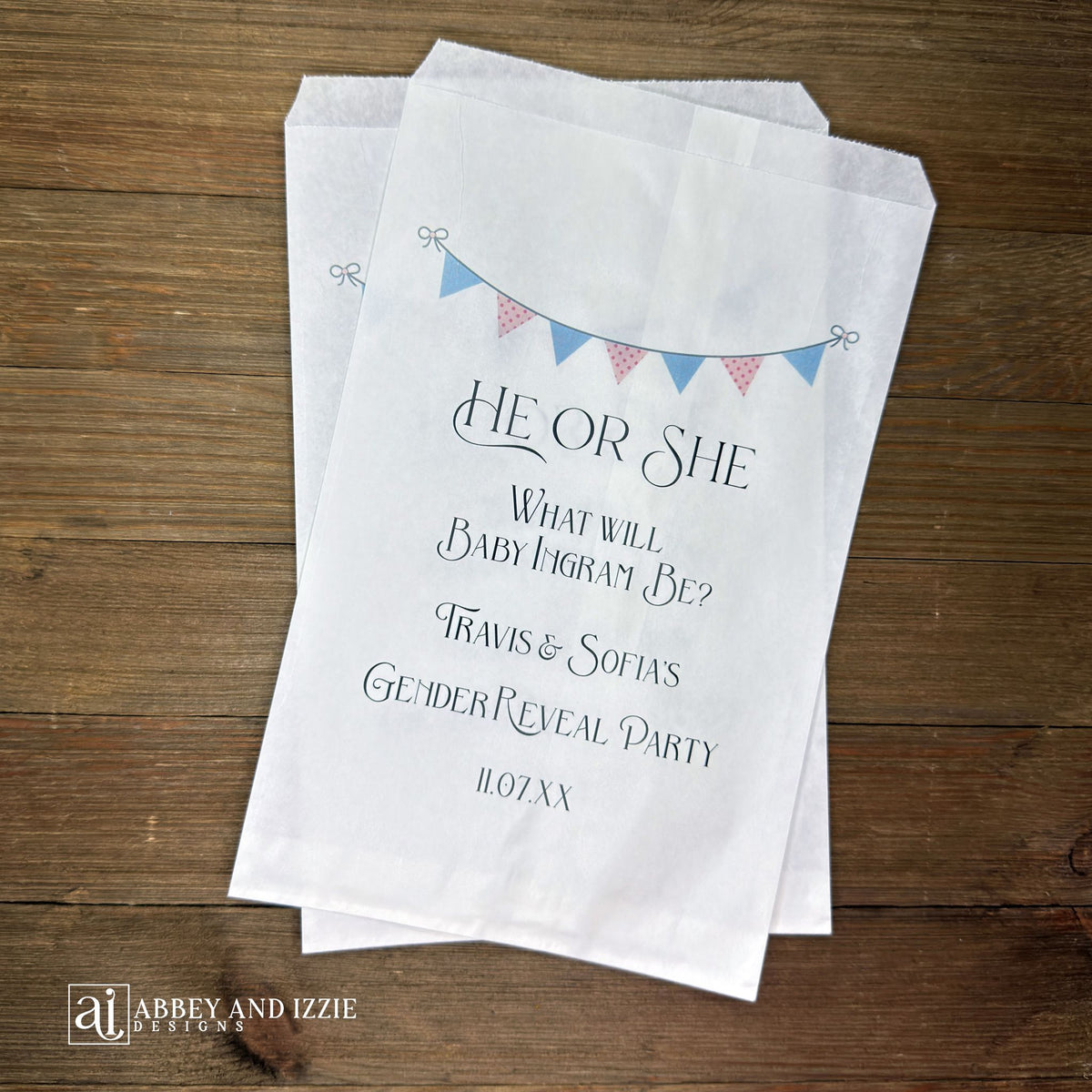 Baby Gender Reveal Favor Bags Personalized for the big reveal!  Printed on white bags with a pink and blue flags, He or She, what will baby be?  Parents to be names and event date.  Fill will candy or perfect for a cookie bar.  