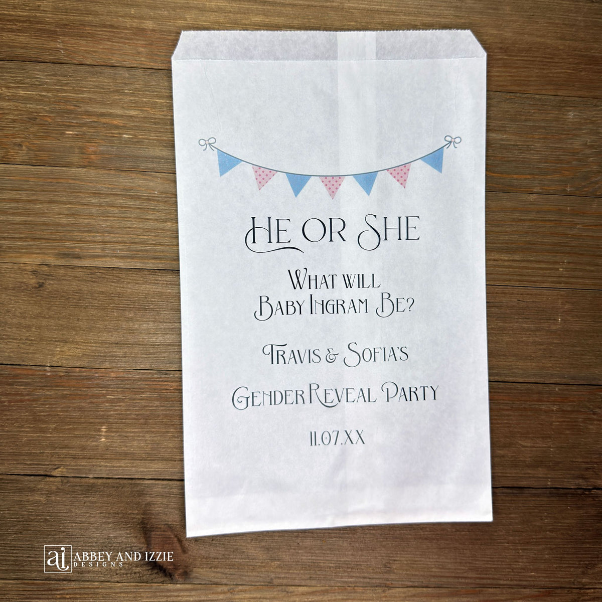 Baby Gender Reveal Favor Bags Personalized for the big reveal!  Printed on white bags with a pink and blue flags, He or She, what will baby be?  Parents to be names and event date.  Fill will candy or perfect for a cookie bar. 