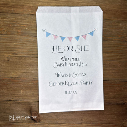 Baby Gender Reveal Favor Bags Personalized for the big reveal!  Printed on white bags with a pink and blue flags, He or She, what will baby be?  Parents to be names and event date.  Fill will candy or perfect for a cookie bar. 