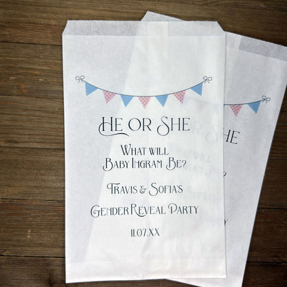 Baby Gender Reveal Favor Bags Personalized for the big reveal!  Printed on white bags with a pink and blue flags, He or She, what will baby be?  Parents to be names and event date.  Fill will candy or perfect for a cookie bar. 