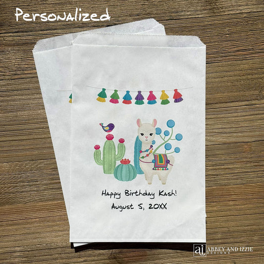 Llama Birthday Party Favor Bags personalized for the guest of honor.  Printed on white bags with a colorful llama and cactus.