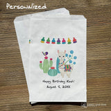Llama Birthday Party Favor Bags personalized for the guest of honor.  Printed on white bags with a colorful llama and cactus.